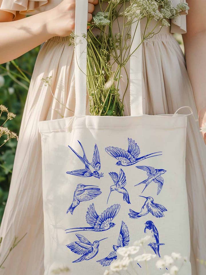 Fashion Graphic Tote Bag | Blue Birds for wholesale by Khristee