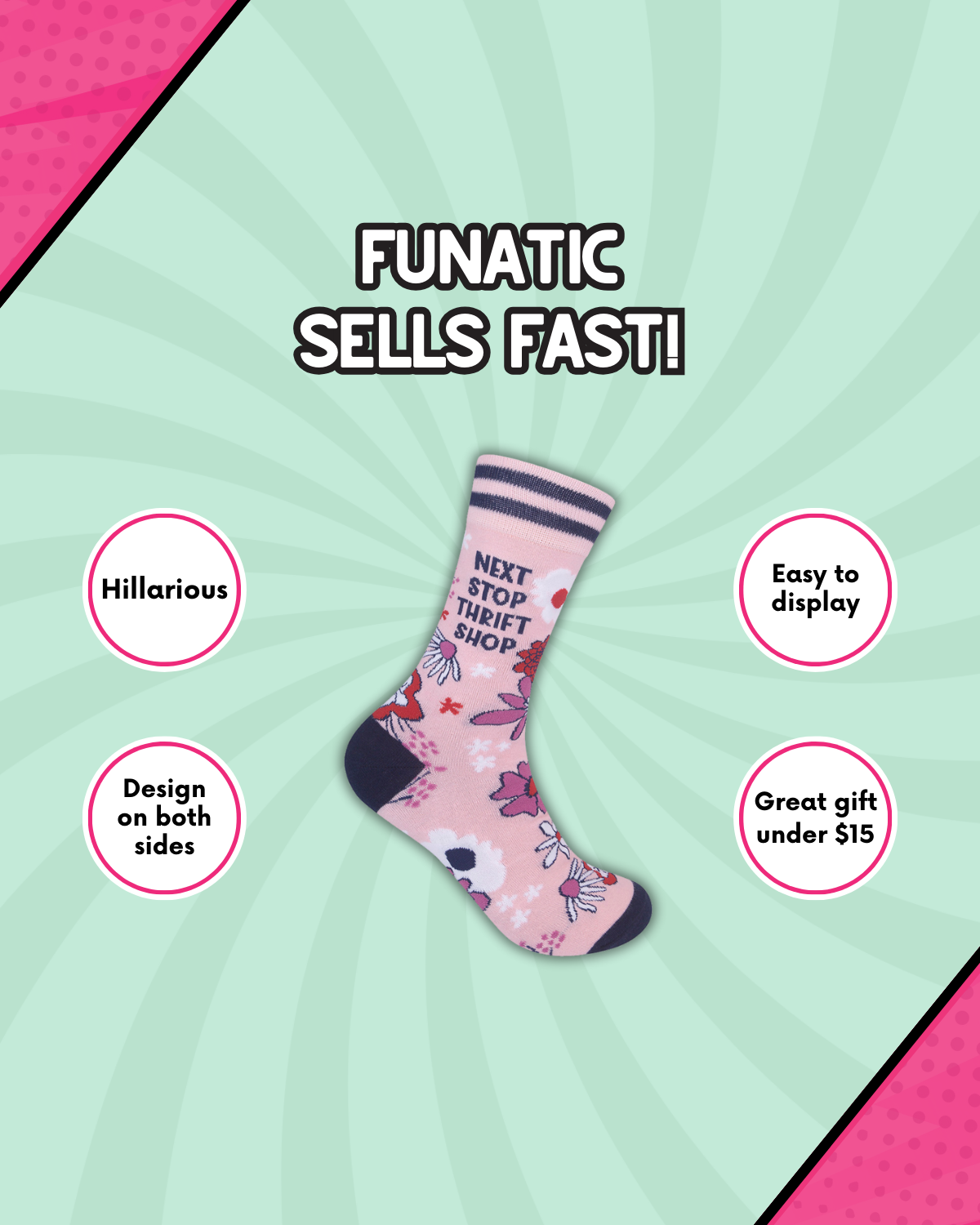 Funatic - About Face Designs - Nice Enough Merch Co – Großhandel Socken - Unisex – Nächster Halt Secondhandladen Socken | Lustig | Funatic1