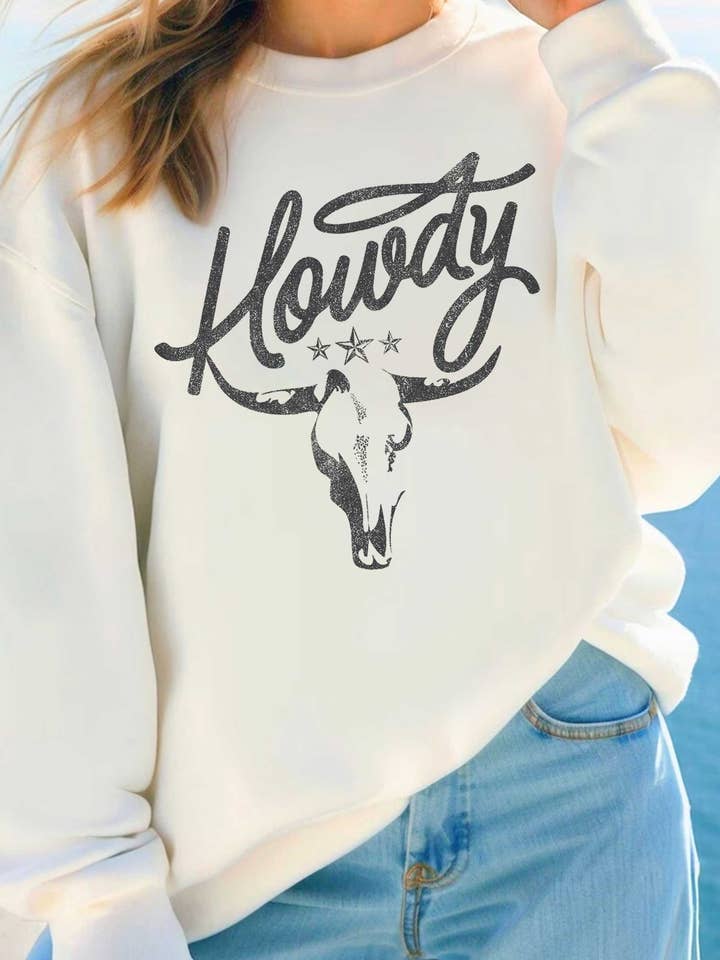 Rustee Clothing - Wholesale Graphic Sweatshirt - Women's - HOWDY COW SKULL GRAPHIC BRUSHED SWEATSHIRTS