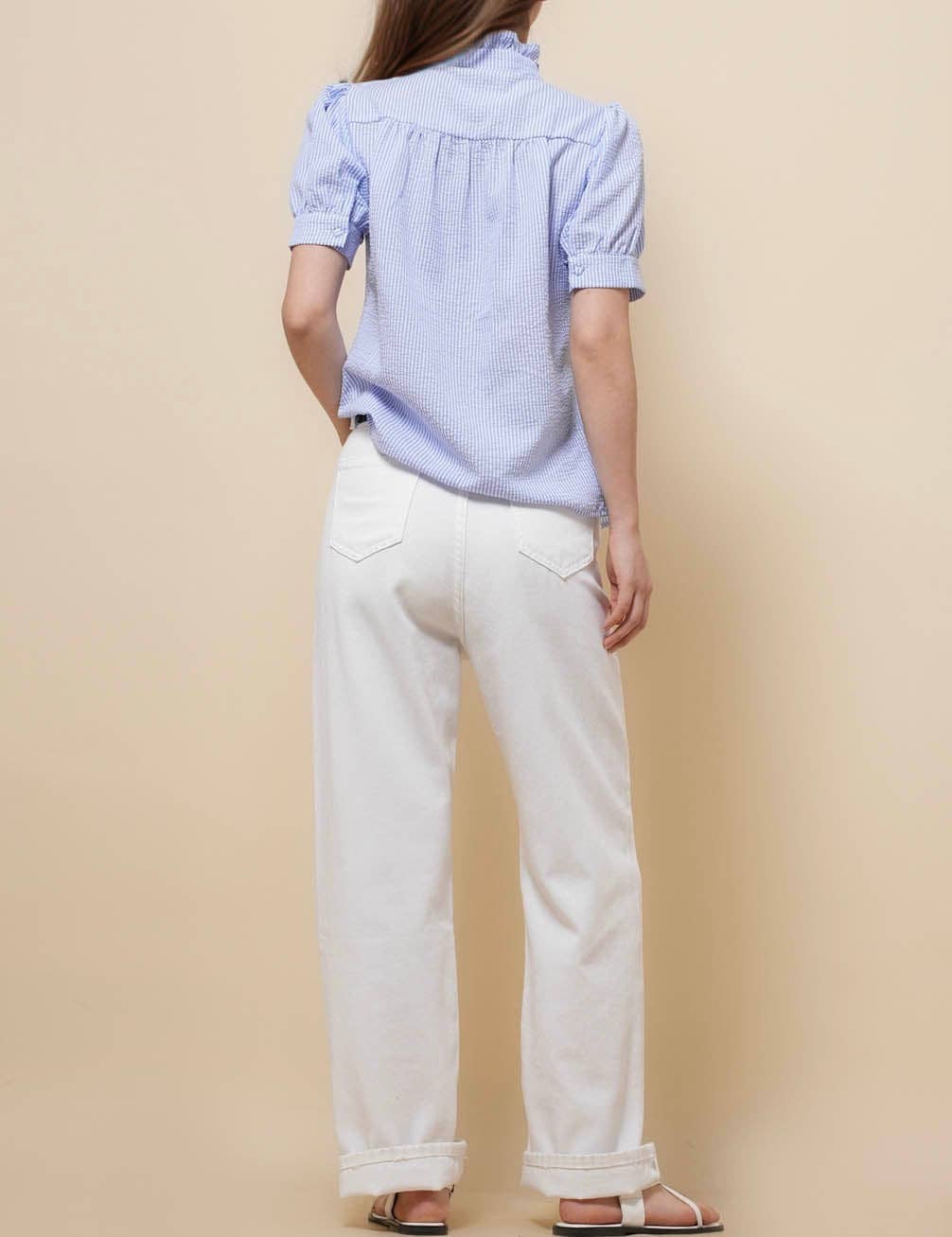 Sweetkama - Vendita all'ingrosso Camicia button down - Donna - Camicia a righe con maniche corte e collo arricciato da donna SKT510879