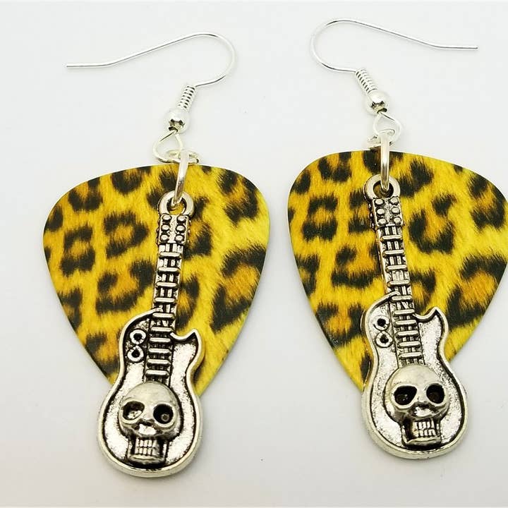 Simply Raevyn - Wholesale Dangle Earrings - Guitar with Skull Charms Guitar Pick Earrings7