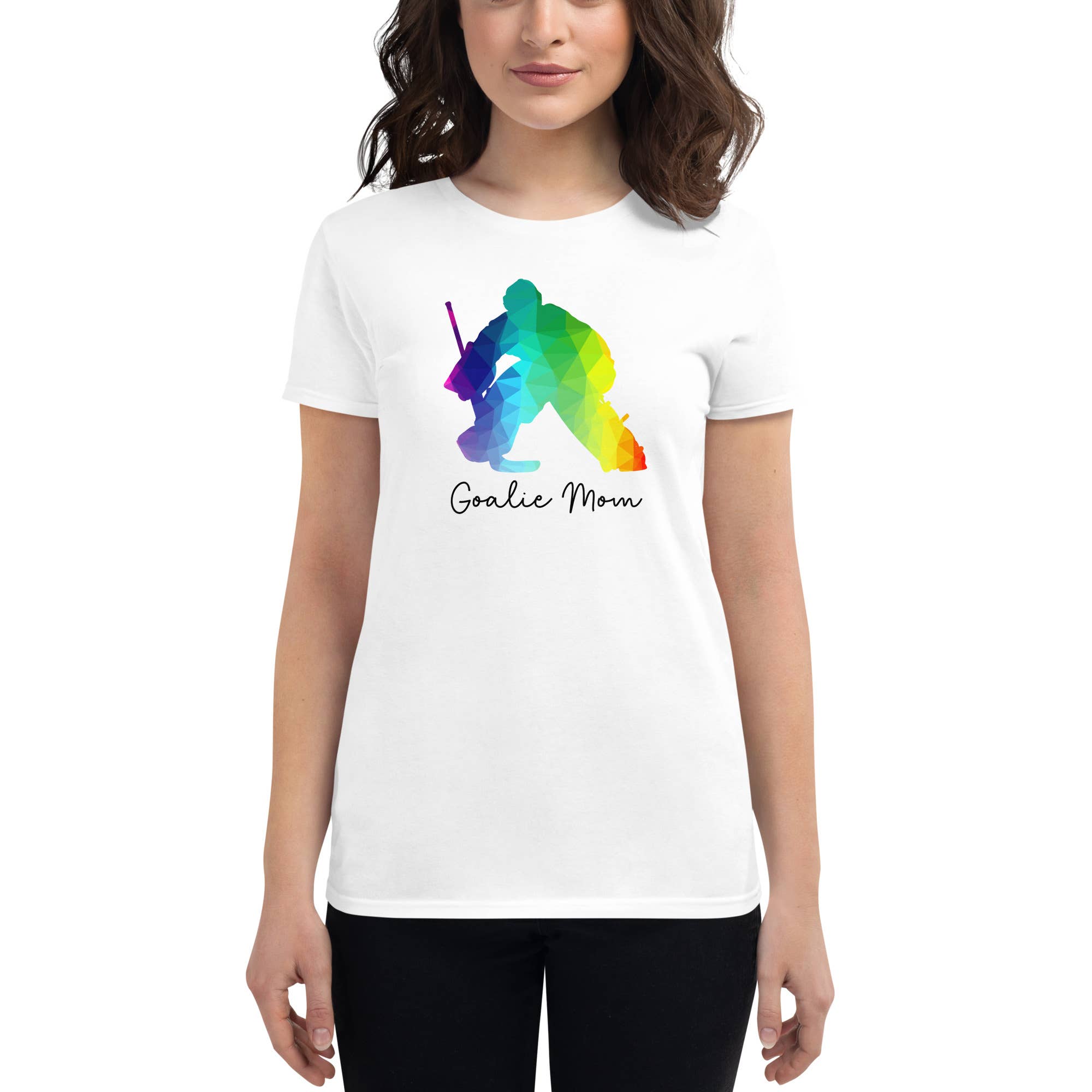 Celly Threads Hockey – Großhandel T-Shirt mit Siebdruck – Damen – Rainbow Goalie Mom Kurzarm-T-Shirt für Damen6