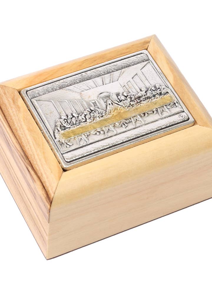 Boîte en bois d'olivier_ Plaque en oxyde d'argent de la Cène pour la vente par Holyland Artisans