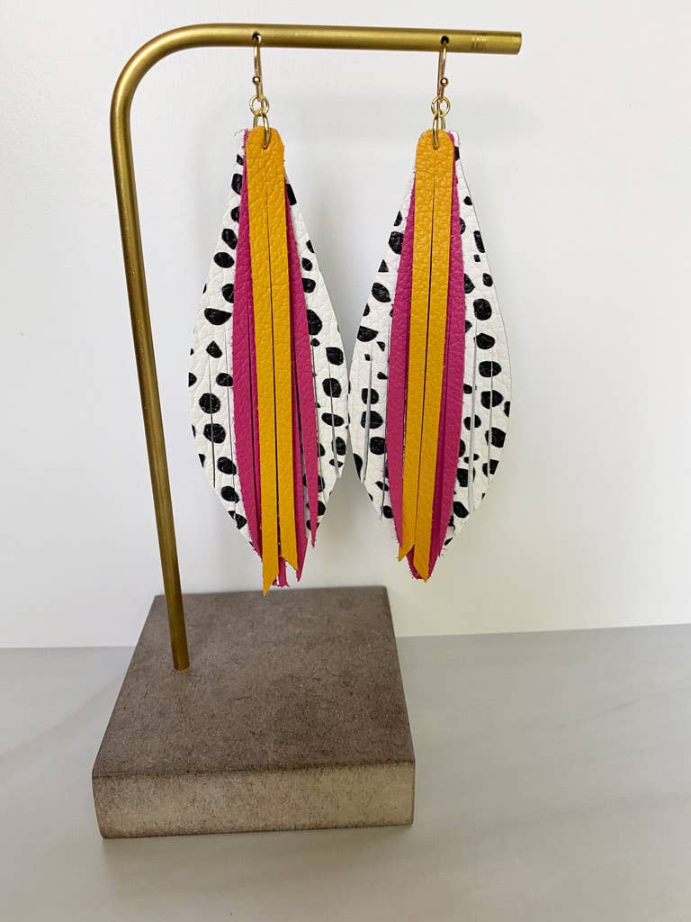 Stacked Leaf Leather Earrings - Dalmatian Fuchsia Mustard for wholesale by The Supply Society