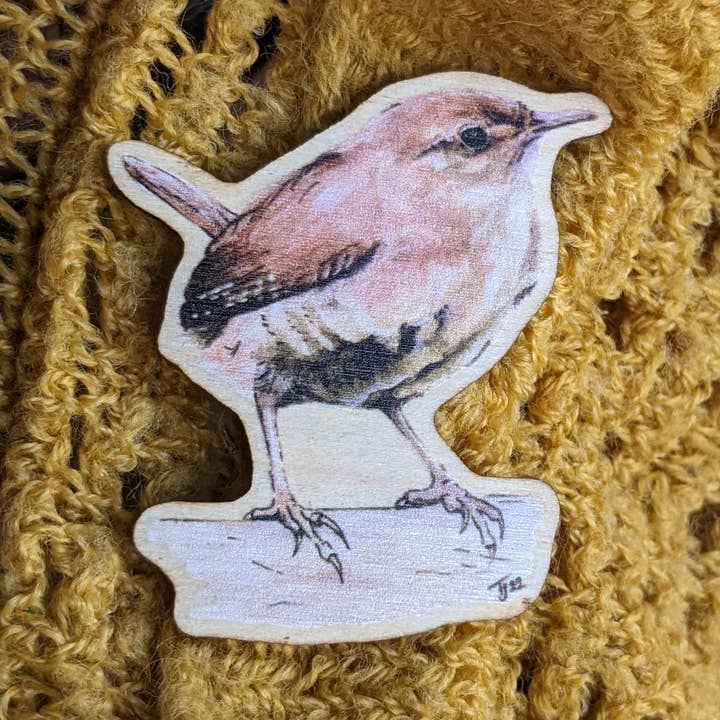 Wren Bird Wooden Pin Badge for wholesale by Hodgepodge