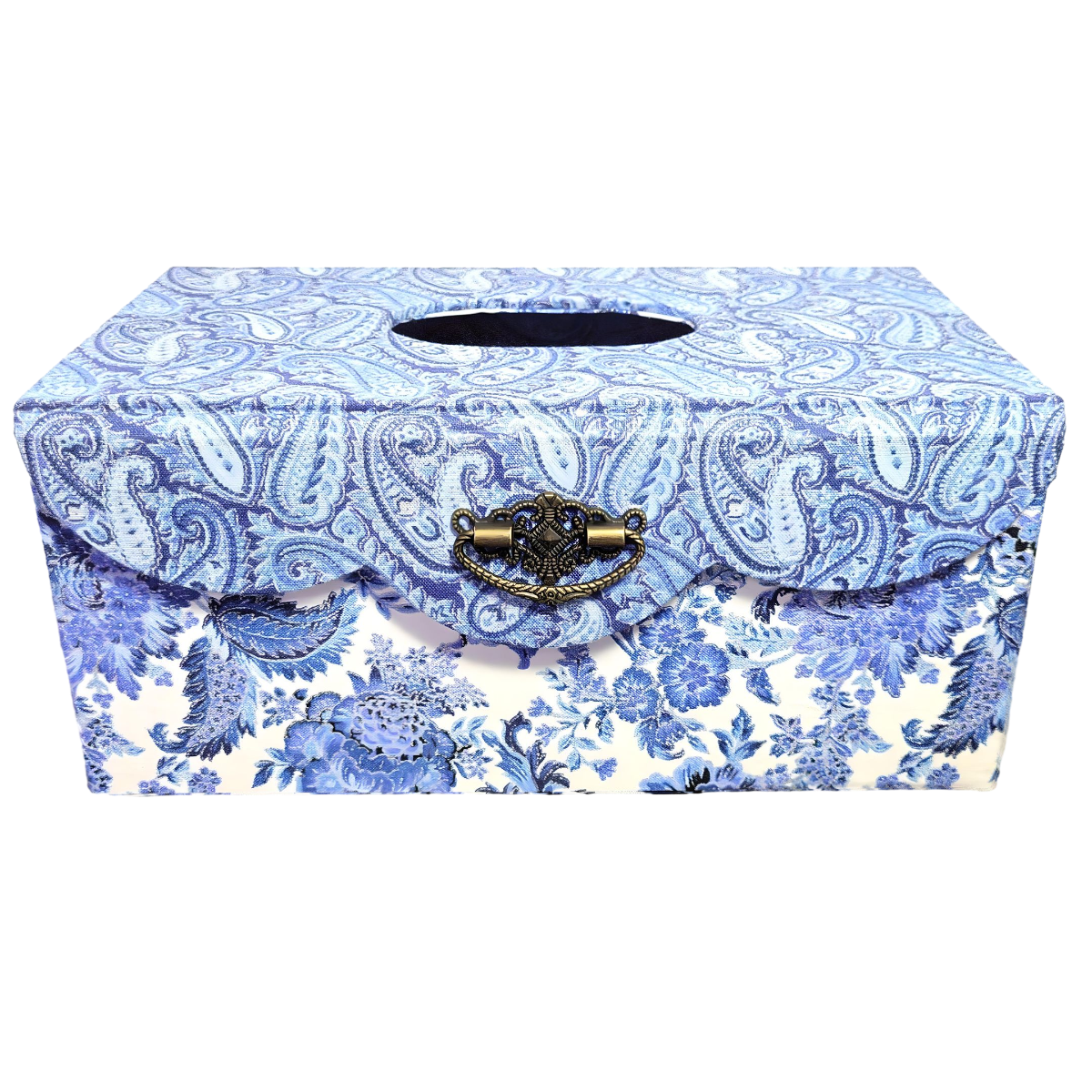 Chic Brico – Caixa de lenços por atacado – Porta-lenços retangular coberto de tecido, decoração elegante para casa, casa de banho ou quarto, azul Delft, branco e paisley prateado.3