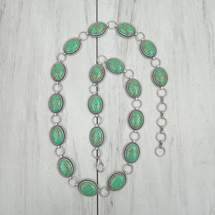 BLT241130-01-GRØN 42 tommer sølvmetal med grønne ovale sten kædebælter for engroshandel hos Western Elite Jewelry