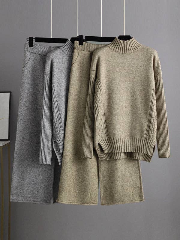 ShieldChic - Vente Ensemble haut et pantalon (PAS d'intérieur) - Femme - Ensemble deux pièces : haut pull col montant mi-haut couleur unie à fentes latérales et pantalon large taille haute urbain.4