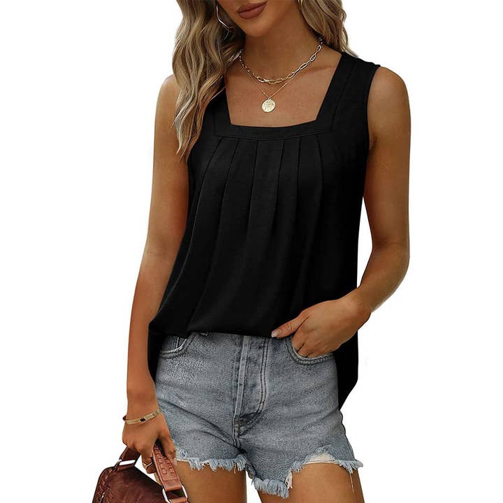 Lovesoft - Wholesale Tank Top - Women's - Ruched Square Neck Sleeveless High-Low Tank Top