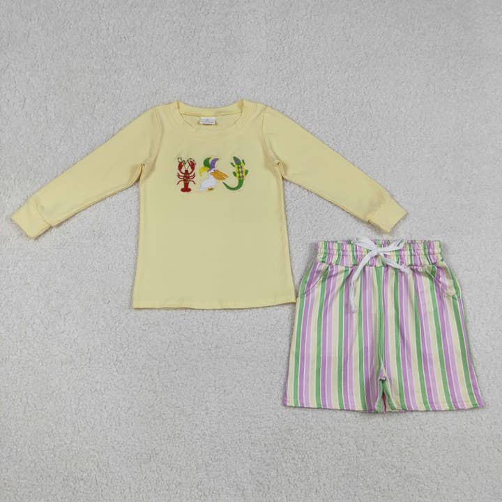 Embroidery Crayfishes Crocodile Baby Boys Mardigras Stripe Pockets Shorts Clothes Sets for wholesale by Aier Wholesale