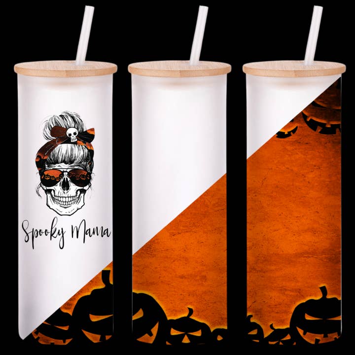 Spooky Mama Skull Messy Bun Halloween Pumpkins Tumbler for wholesale by BreakOut Outfitters