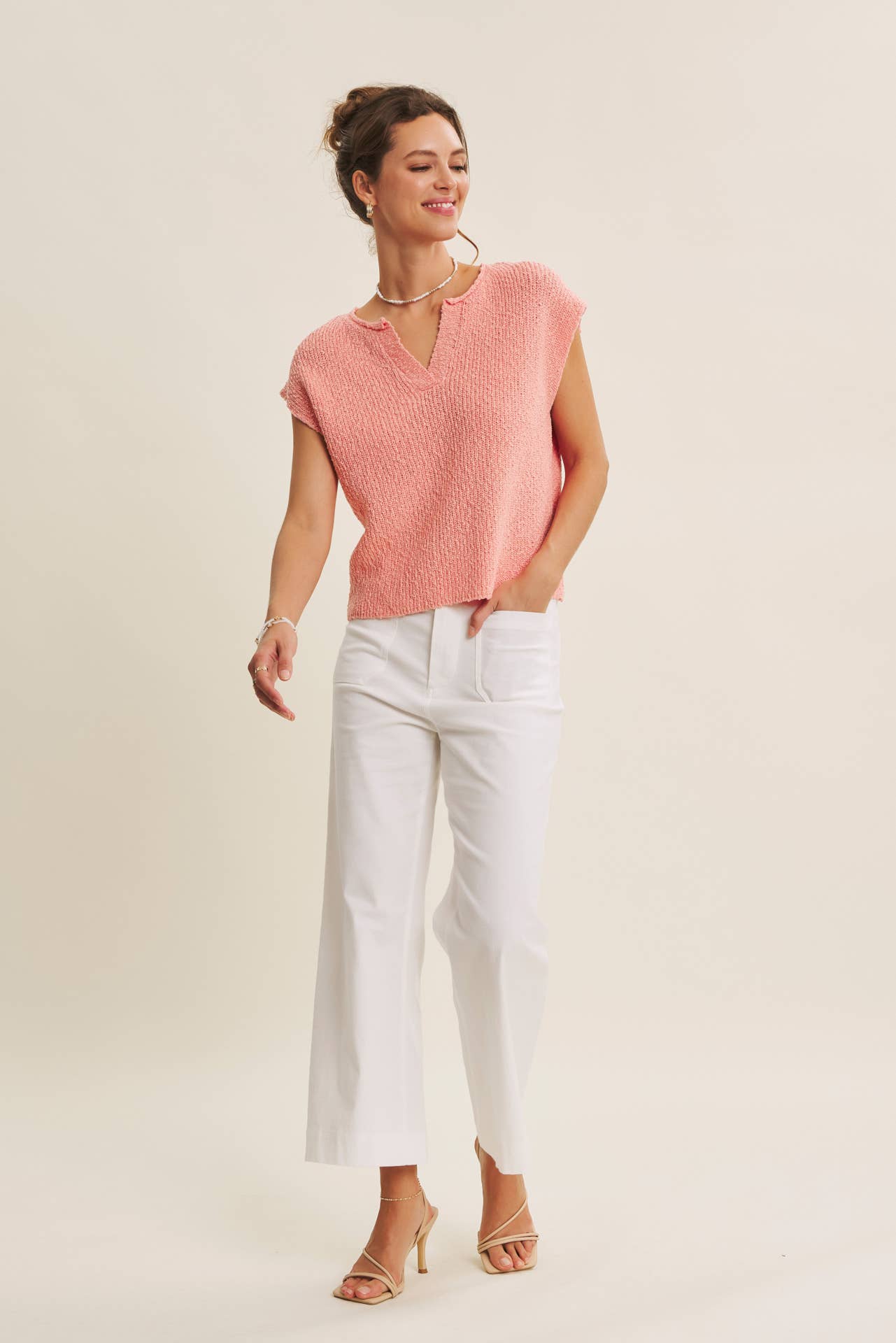 in february - Wholesale Knit Sweater - Women's - RELAXED FIT SLUB KNIT SWEATER TOP WITH SPLIT NECK21