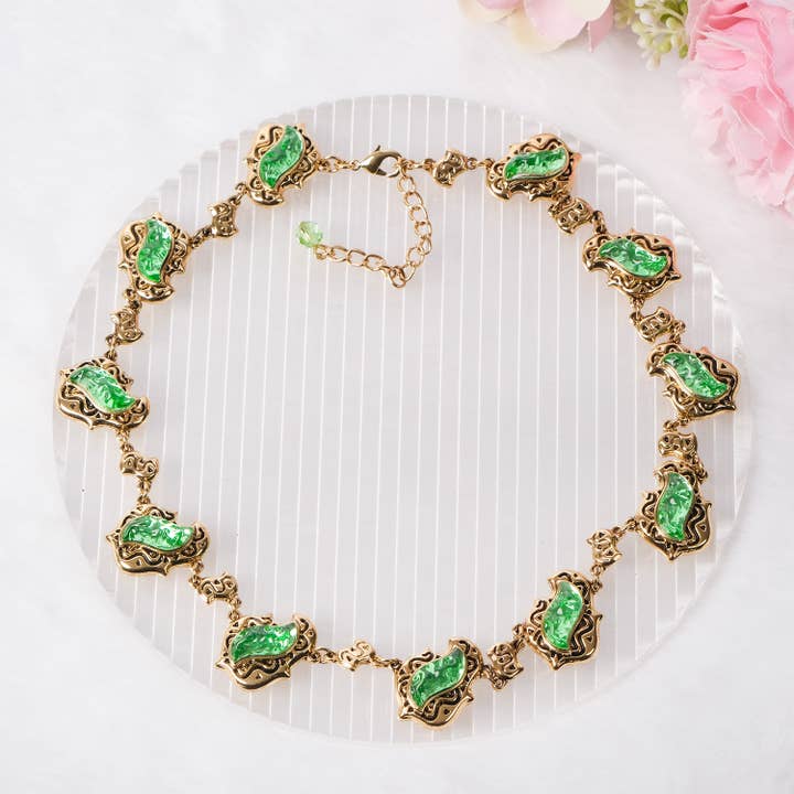 Vintage 18K Gold Plated Green Glass Statement Necklace for wholesale by GirlyPirateCo