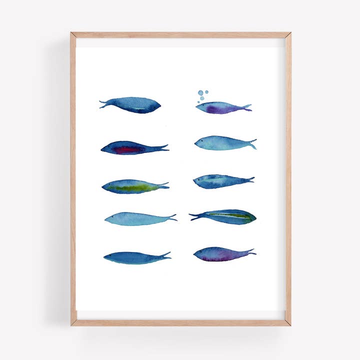 Bright Blue Fish Watercolor Art Print for wholesale by Farmcliff Studio