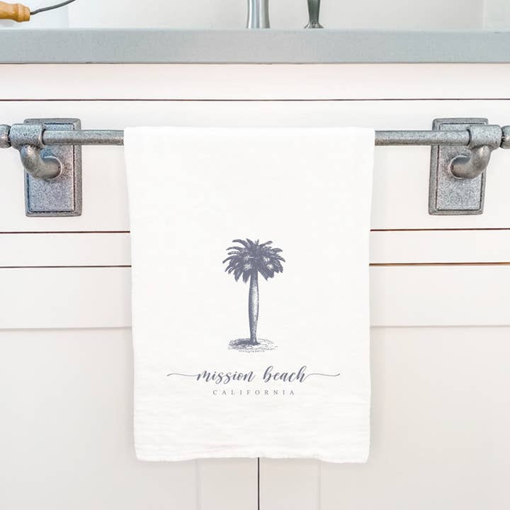 Cottage Shore - Wholesale Tea Towel - Palm Tree w/ City, State - Custom Cotton Tea Towel