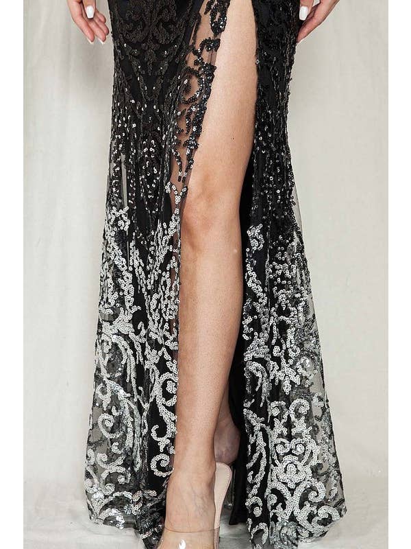 Maniju - Wholesale Gown - Women's - One Shoulder Sequin Ombre Slit Maxi Dress