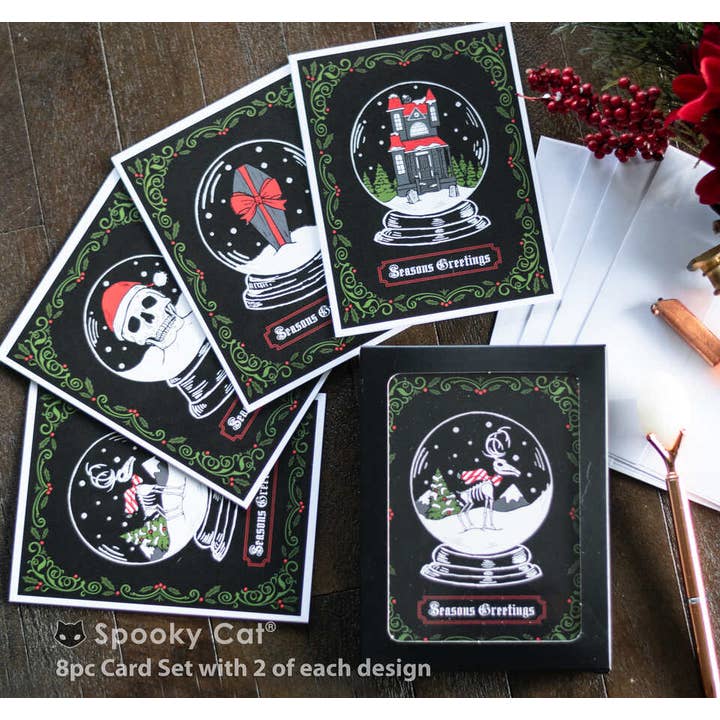 Goth Snow Globe Creepmas Card Set (8pc) for wholesale by Spooky Cat Press