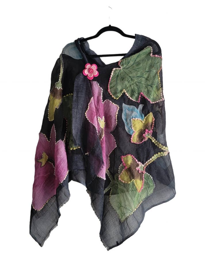 S-41 Wool Woven Scarf/Stole Big Stitched Edged Flowers for wholesale by Evergreen Guardian Imports