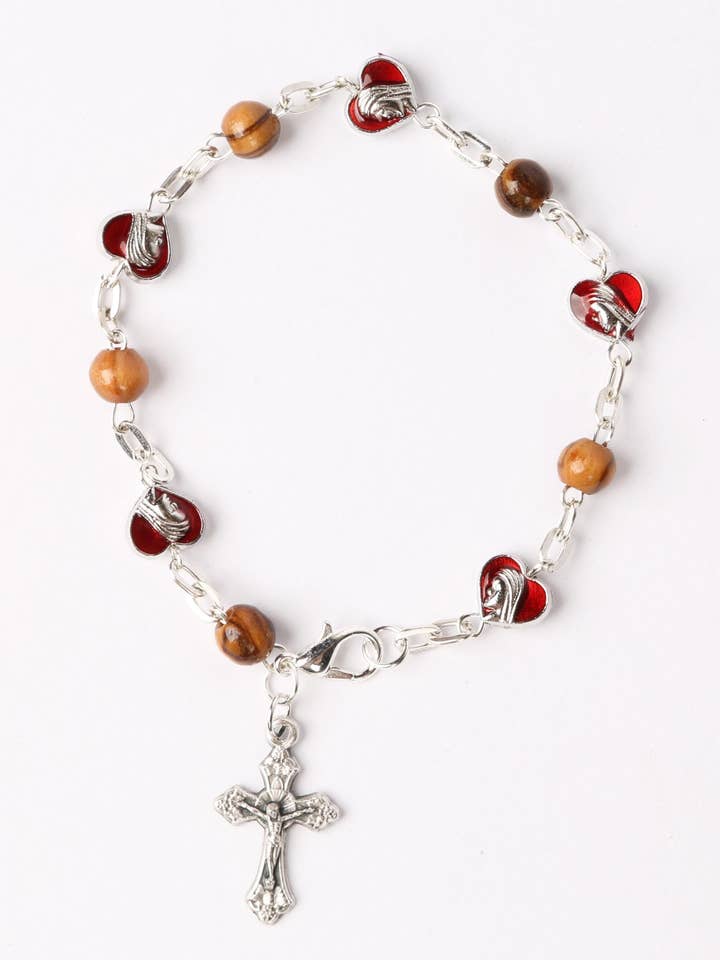 Olive Wood Bracelet_ Red Hearts for wholesale by Holyland Artisans