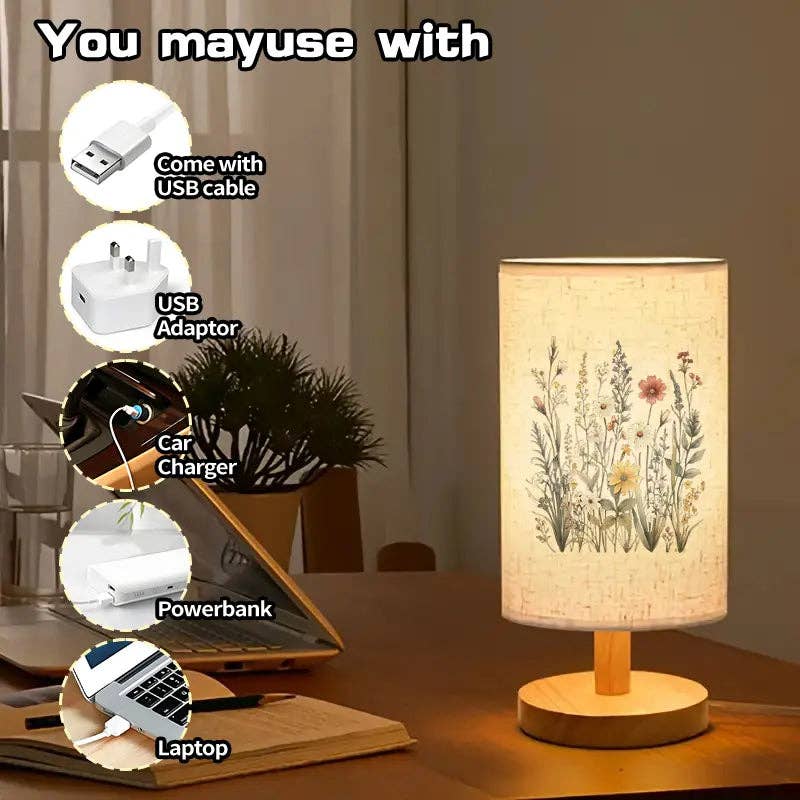 Huis Van Merken - Wholesale Accent/Desk Lamp - Floral Table Lamp - USB Powered, Warm Light, Wood Base2