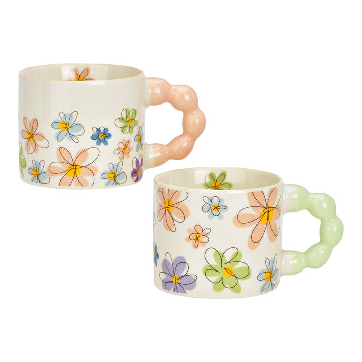 Cup with floral decor made of porcelain, set of 2, Pink/Green (W/H/D) 14x8x9cm 335ml for wholesale by Wurm