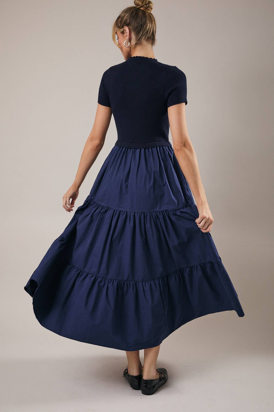 Sunday Edition by LE LIS - Wholesale Dress - Women's - MOCK NECK SHORT SLEEVE KNIT & WOVEN MIX TIERED MIDI DRESS16