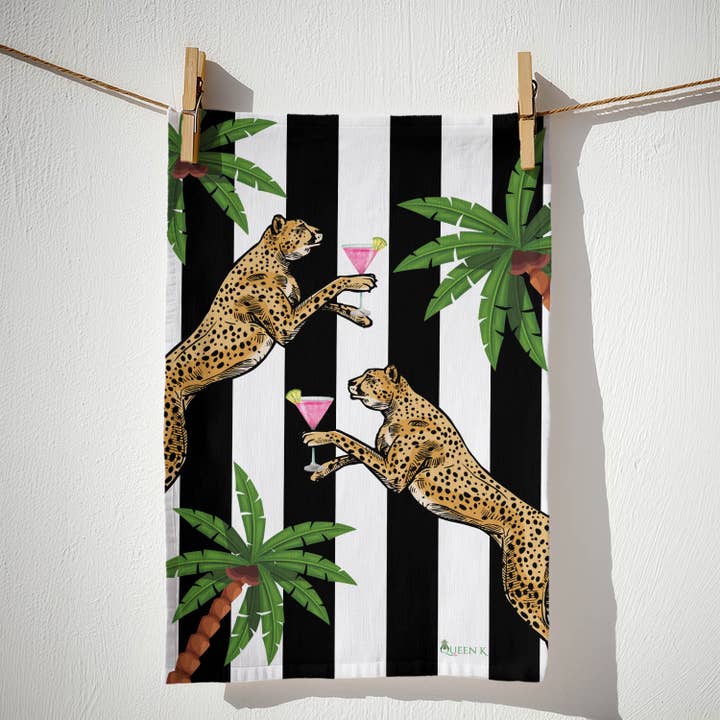 Queen K - Wholesale Tea towel - Cocktail Cheetah Black & White Striped 100% Linen Tea Towel2