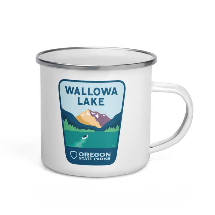 Wallowa Lake Enamel Mug, 12oz for wholesale by Patchmarks