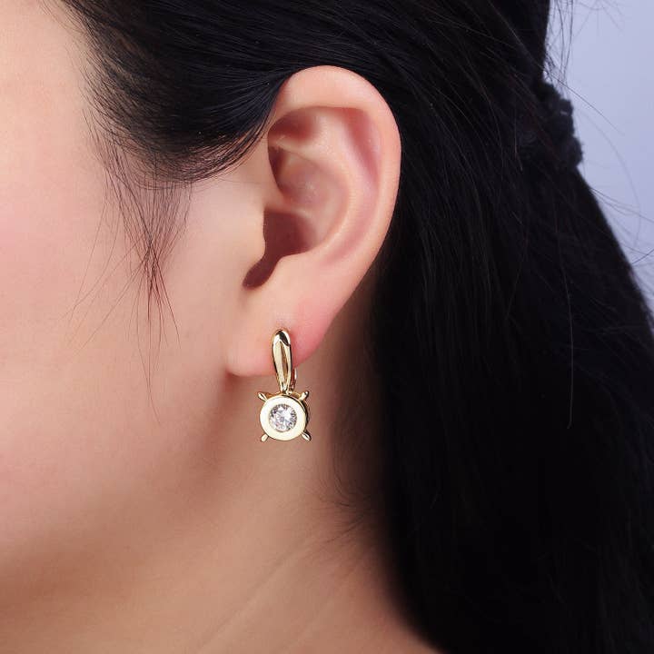 Aim Eternal - Wholesale Stud/Post Earrings - Gold Filled Clear CZ Round Bezel Dotted English Lock Earring