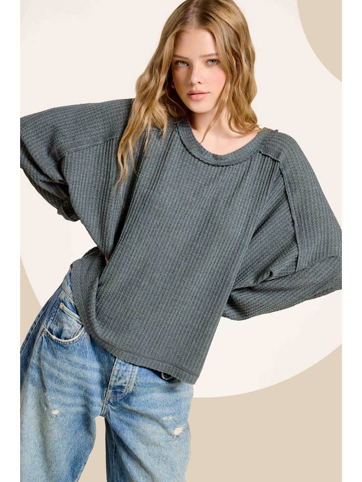 La Miel - Wholesale Knit Top - Women's - HAT7565-Brushed Waffle Fabric Loose Fit Long Sleeve Top7