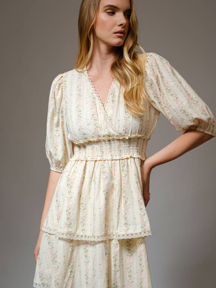 99326D - Floral Wrap Smocked Waist Mini Dress for wholesale by Blue B