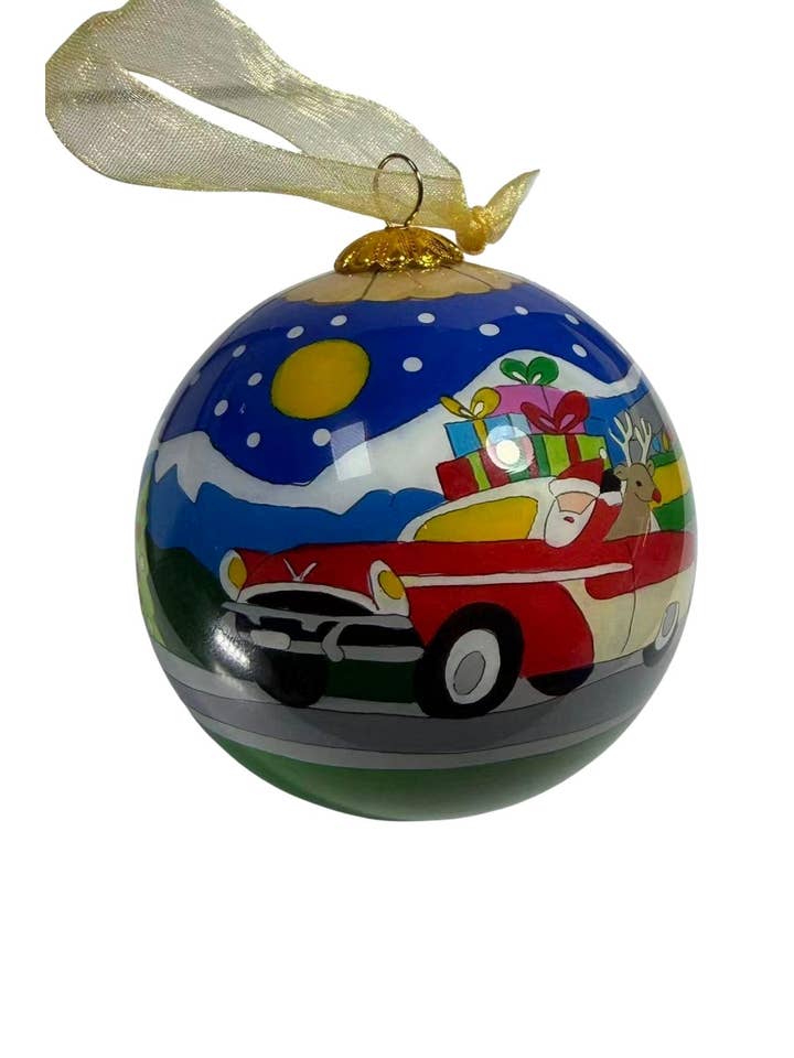 Hand-Painted Glass Ornament - Traveling Santa for wholesale by Kitty Keller Designs