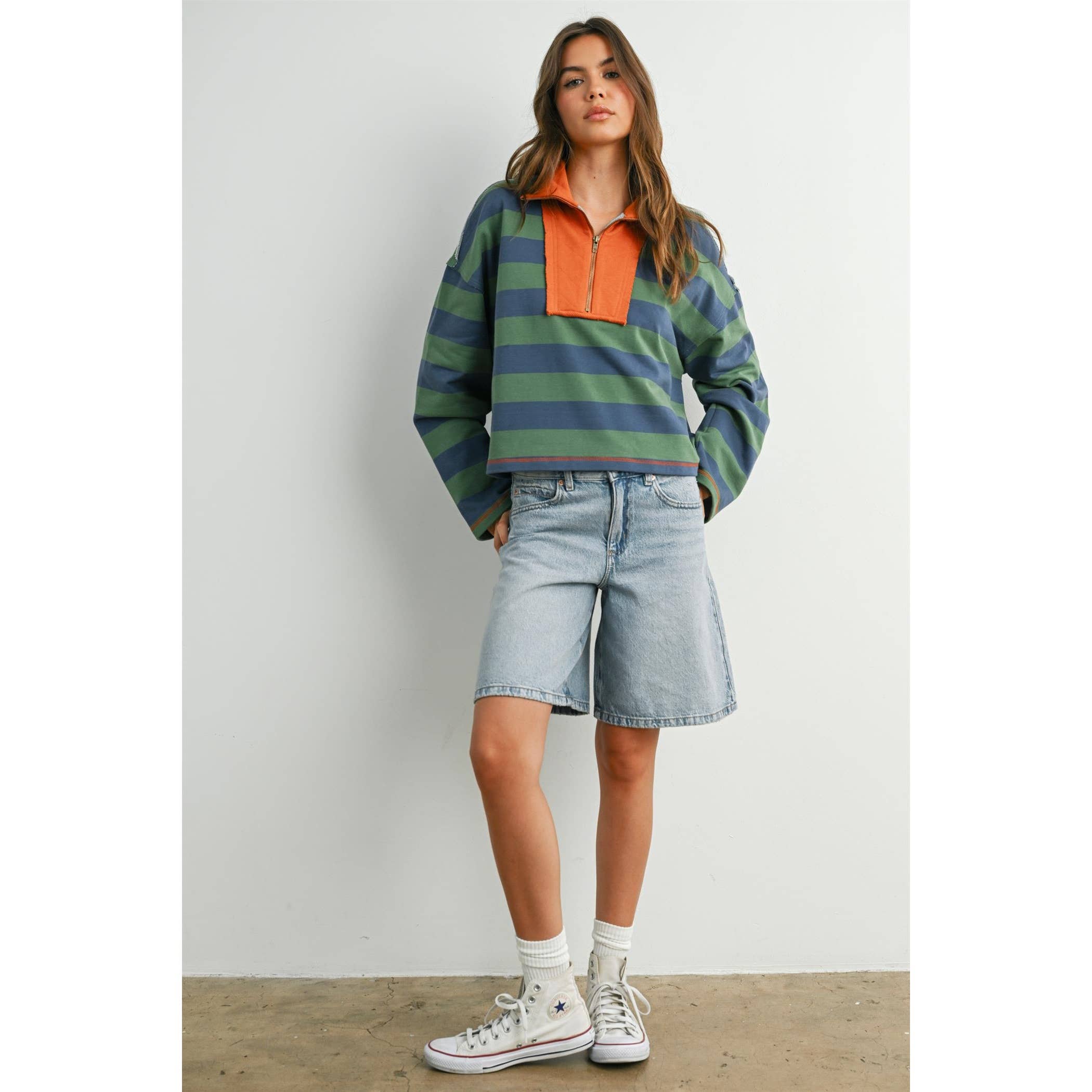 BUTTERMELON - Wholesale Sweatshirt - Women's - Striped Quarter-Zip Contrast Collar Sweatshirt - BMT797421