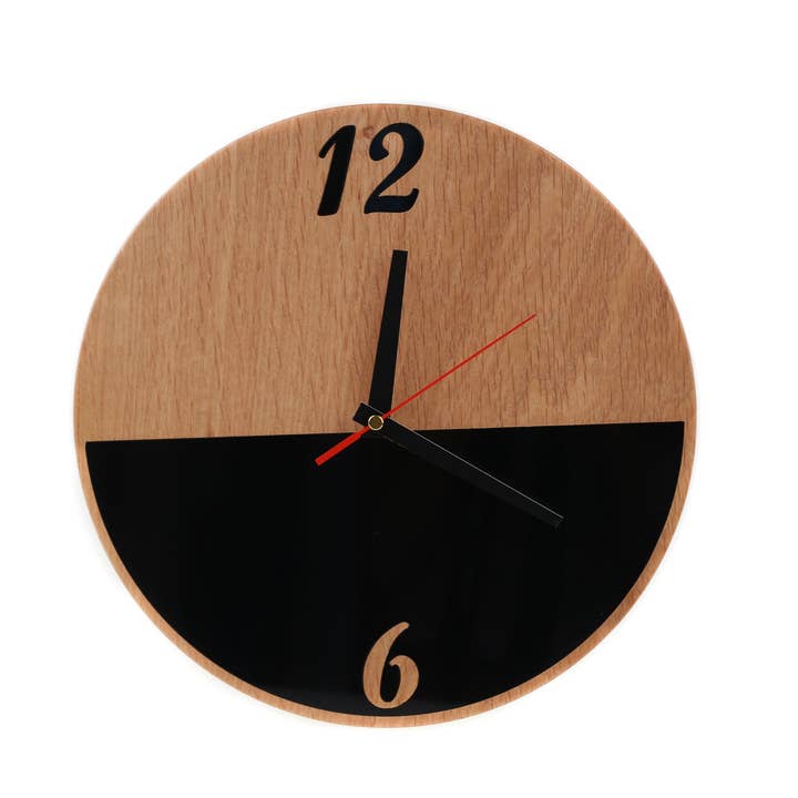 PromiDesign - Wholesale Wall Clock - Wood and Acrylic Glass Wall Clock - Half Black Shiny Detail