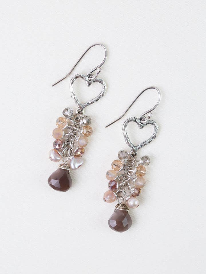 Blush Moonstone, Hammered Antique Silver Heart, Crystal Cluster Earrings for wholesale by Anne Vaughan Designs Jewelry
