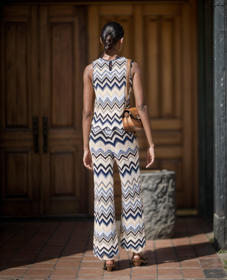 Productseeker - Venta al por mayor Conjuntos de top y pantalón (NO para estar en casa) - Mujer - Conjunto de Chaleco Sin Mangas y Pantalones de Punto Ondulado en Contraste SET6224