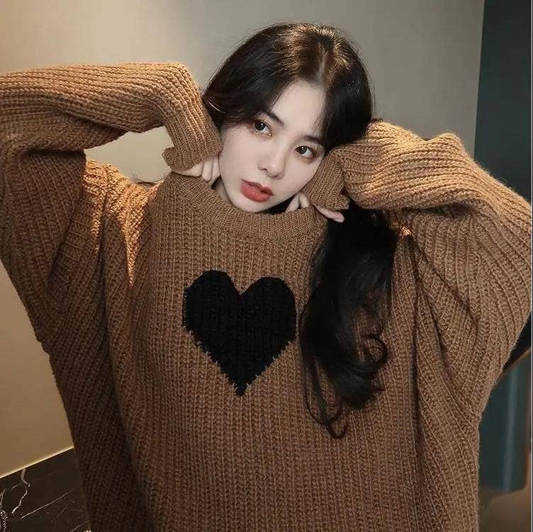 Brown Casual Outer Wear Love Loose Sweater Women Round Neck Pullover Knit Top for wholesale on Faire0