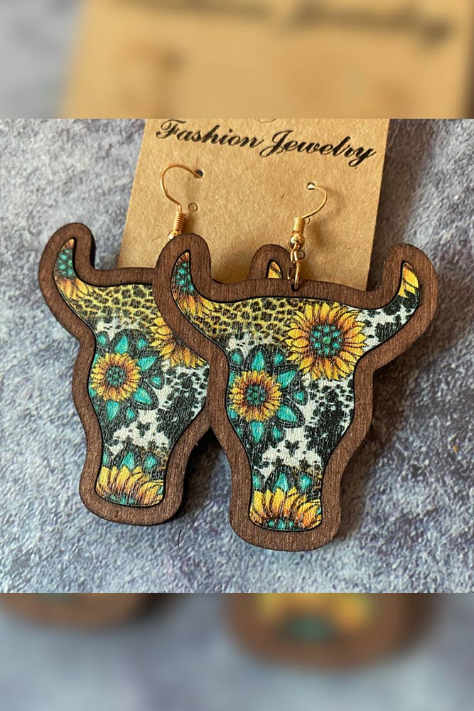 UNISHE - Wholesale Dangle Earrings - Bohemian Print Wooded Bull Earrings MOQ 5pcs ZZKF10933
