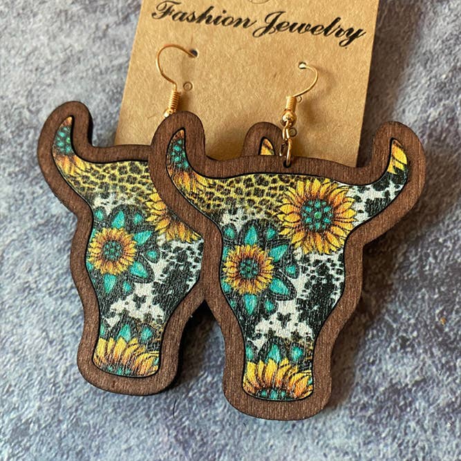 UNISHE - Wholesale Dangle Earrings - Bohemian Print Wooded Bull Earrings MOQ 5pcs ZZKF10933