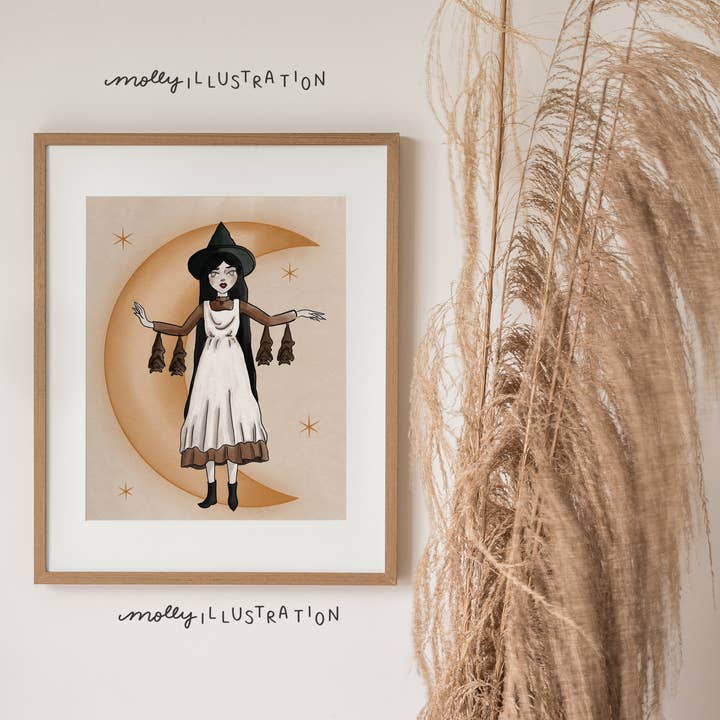 Witch and Bat Buddies Halloween Decor Art Print for wholesale by Molly Illustration