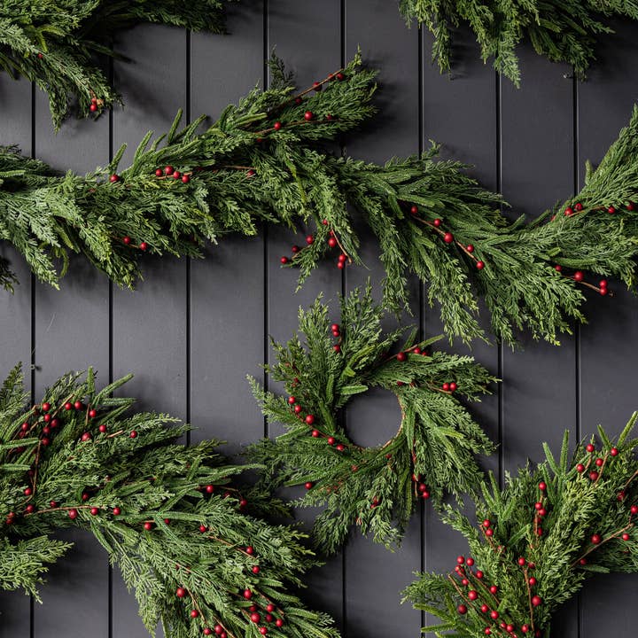 Luxe B Co - Wholesale Wreath - Red Plum Berry Norfolk Cypress Real Touch Wreath - 14"6