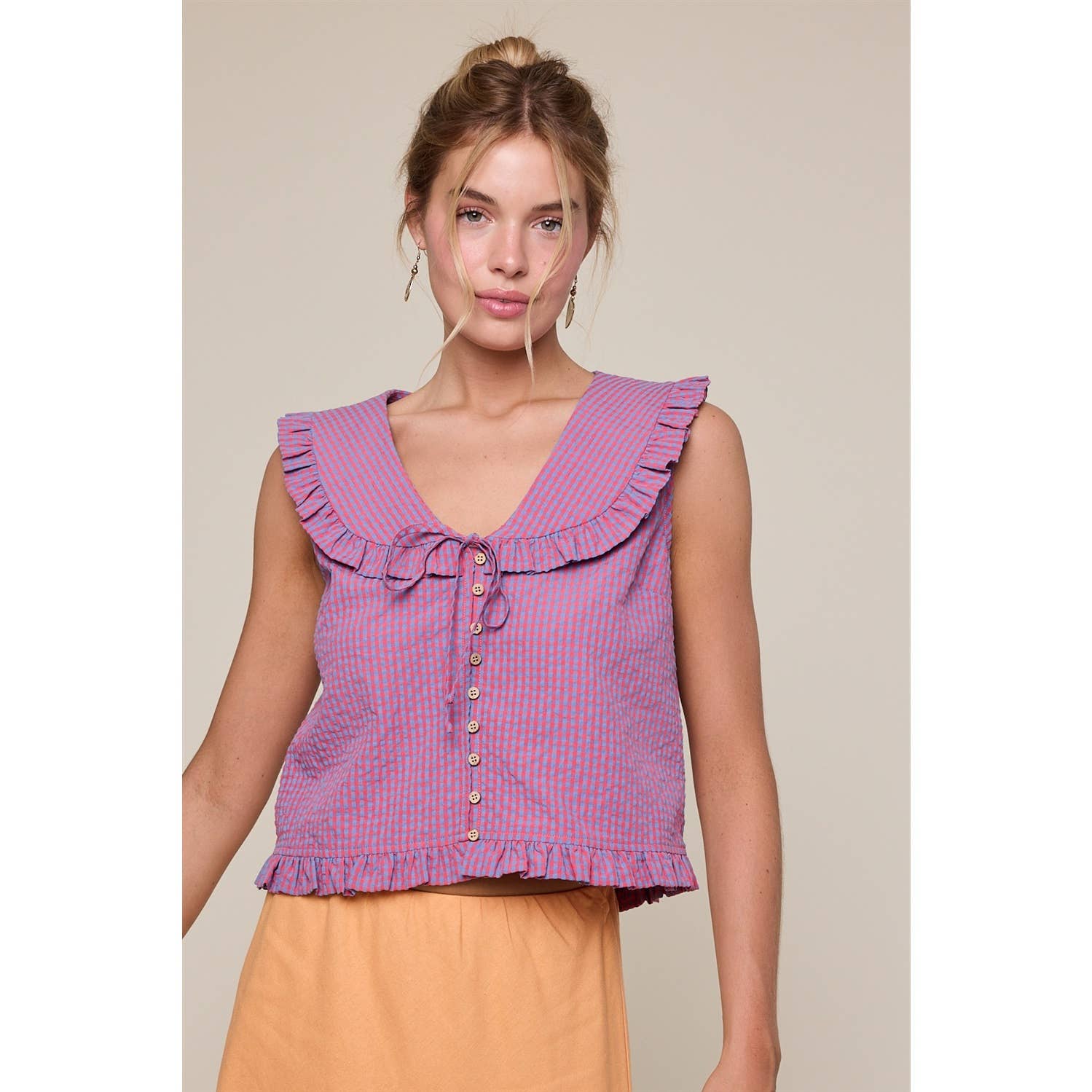 Wishlist Apparel - Wholesale Blouse - Women's - RUFFLED COLLAR PLAID BLOUSE / WL25-116320