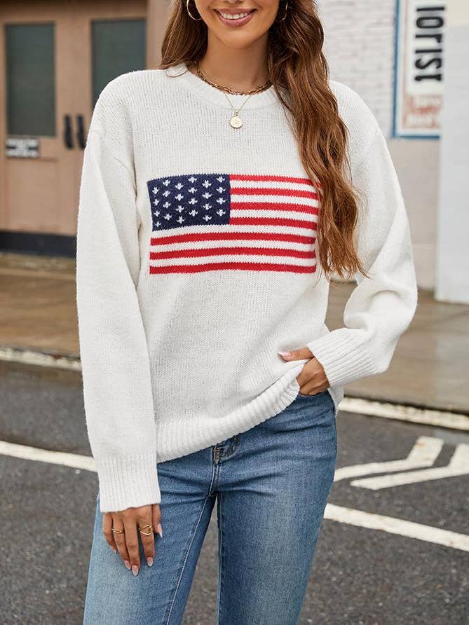 Rosa Clothing - Wholesale Knit Sweater - Women's - USA American Flag Jacquard Slim Knitted Pullover Sweater3