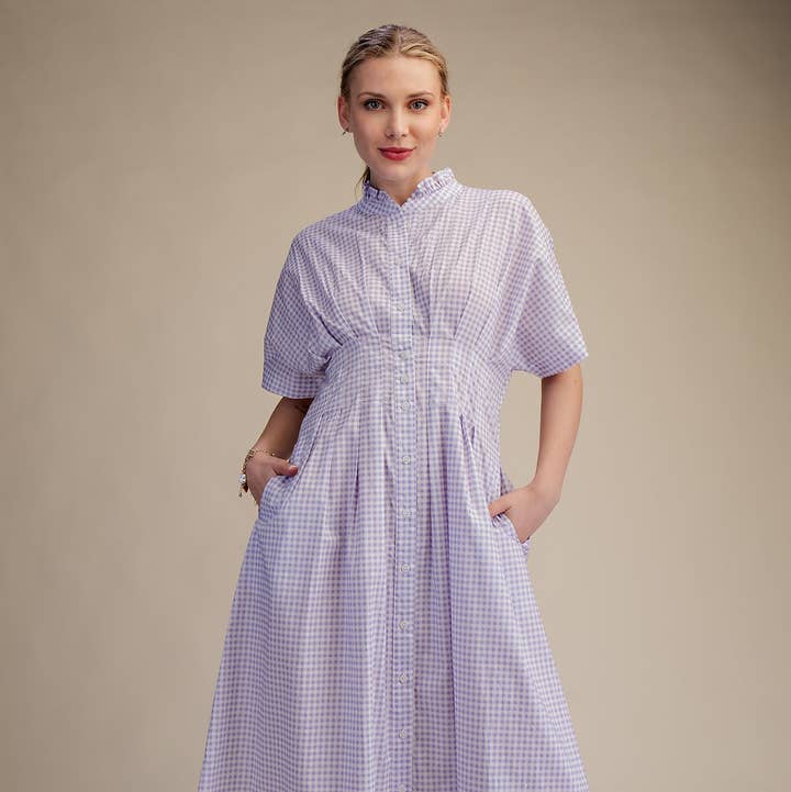 Glam - Wholesale Dress - Women's - Gingham Check Ruffle Neck Waist Pleated Midi Dress15