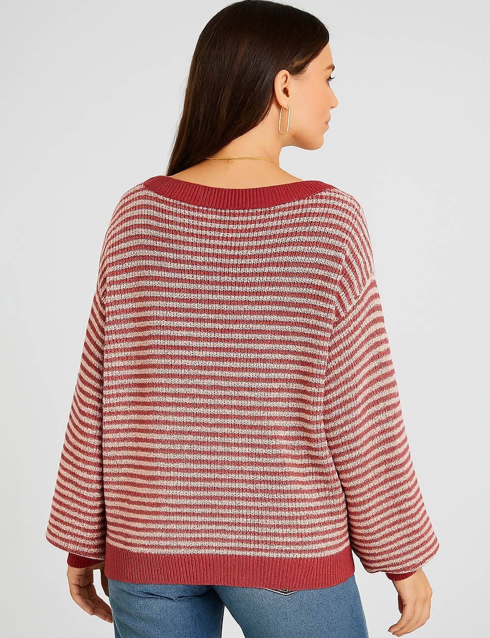 Sweetkama - Wholesale Knit Sweater - Women's - Ladies Striped Pullover Round Neck Lantern Sleeves Knit Sweater5