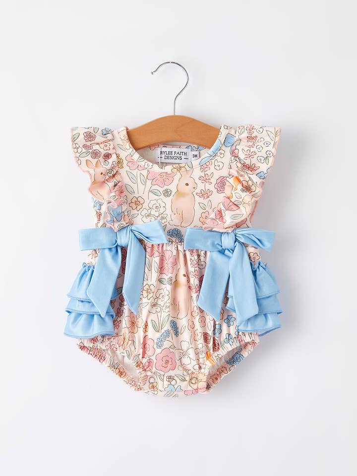 Easter Girls Blue Bow Bunny Floral Print Romper for wholesale by Rylee Faith Designs