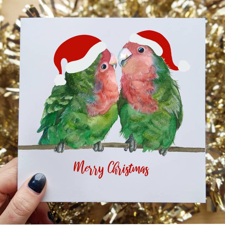 Lovebirds Christmas hälsningar kort, 6x6 Inches Square för wholesale av Emily Mei
