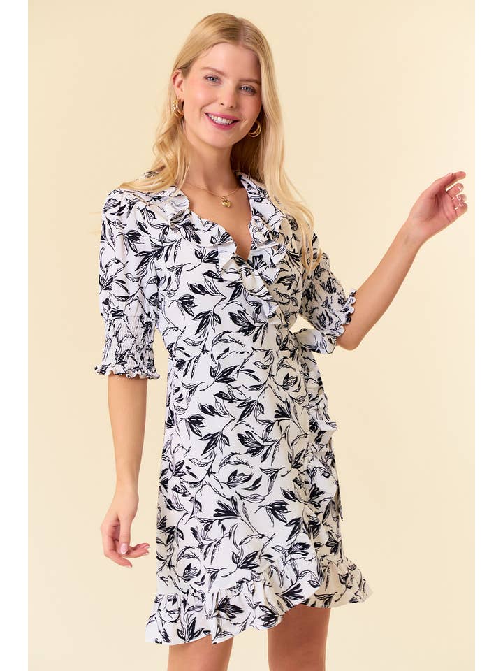 Doe and Rae - Wholesale Dress - Women's - Floral Smocked Cuff Puff Short Sleeve Wrap Mini Dress-27609D