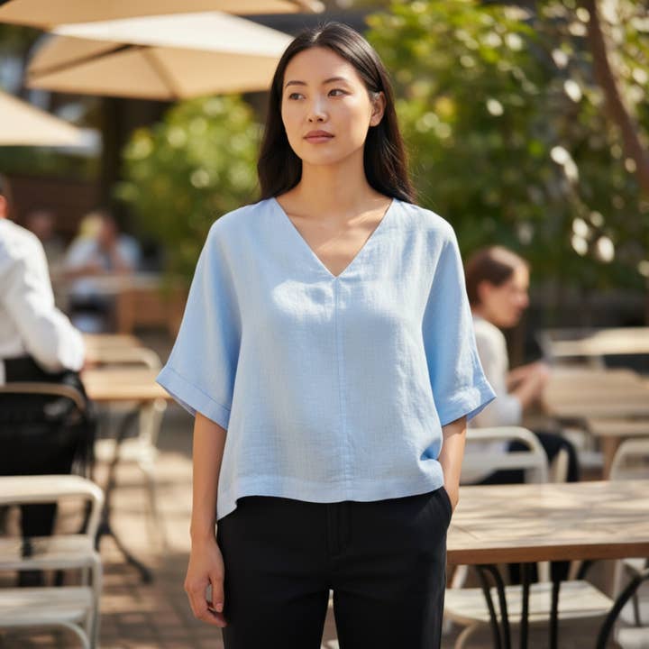 Isabella V-neck Linen Dolman Sleeve Top for wholesale by Ida Louise