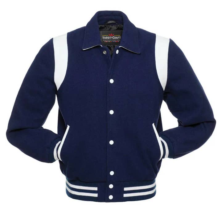 Navy Blue Wool & White Leather Sleeves Retro Letterman Jacke for wholesale by Varsity Craft